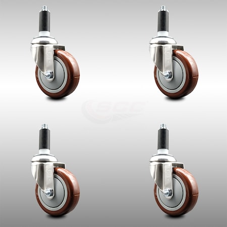 Service Caster 4 Inch 316SS Maroon Polyurethane Swivel 1-1/8 Inch Expanding Stem Caster Set SCC SCC-SS316EX20S414-PPUB-MRN-118-4